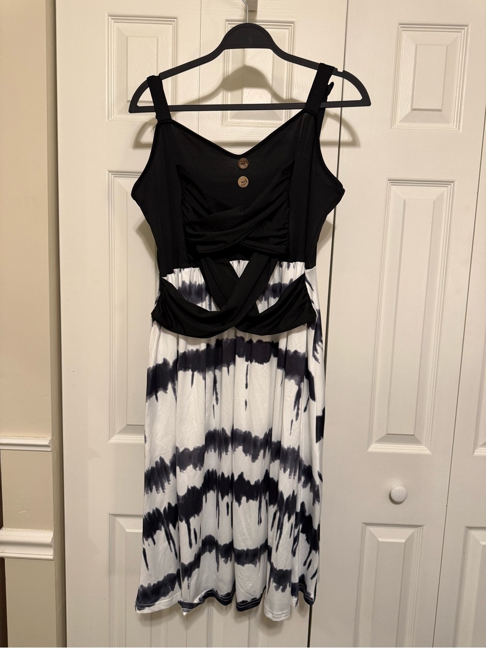 Black and White Tie-Dye Midi Dress with Knot Detail